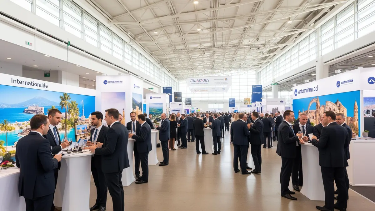 International tourism trade fair exhibition hall with travel industry professionals networking at exhibitor stands